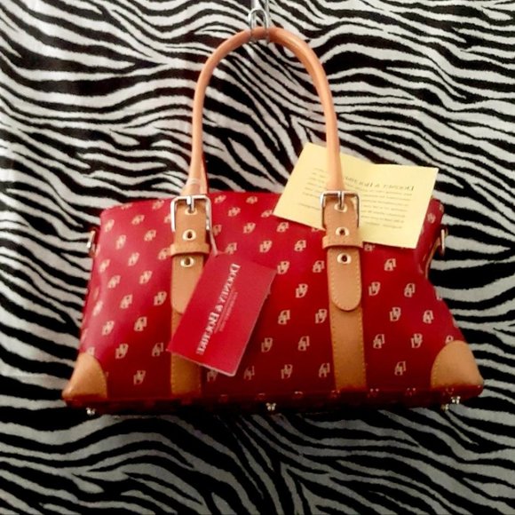Handbags - Red Logo-Print Satchel with Tan Trim and Double Handles, No Strap !